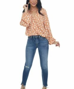 Umgee Tops Sandstone Printed Scalloped Surplice Blouse