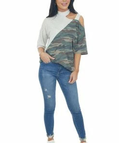 Vanilla Bay Tops Pewter Grey Cold Shoulder Top With Asymmetrical Camo Print