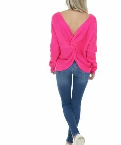 Lime Lush Hot Pink Twist Back Thick Ribbed Knit Sweater Tops 34 Lime Lush Hot Pink Twist Back Thick Ribbed Knit Sweater Tops