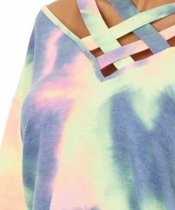 BiBi Multi Color Tie Dye Long Sleeve With Criss Cross Neck Detail Tops