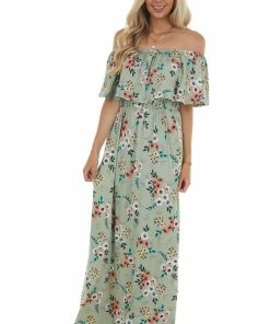 Celeste Design Sage Floral Print Off The Shoulder Maxi Dress