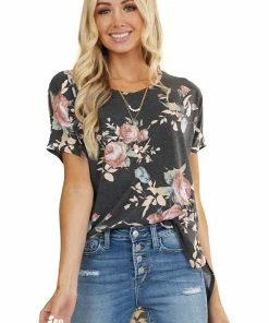 BOMBOM Tops Charcoal Floral Print Short Sleeve Top With Rounded Hemline 26 BOMBOM Tops Charcoal Floral Print Short Sleeve Top With Rounded Hemline