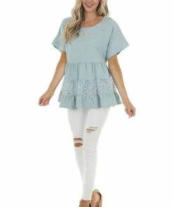 Umgee Vintage Seafoam Drop Waist Tiered Knit Top With Lace Detail 27 Umgee Vintage Seafoam Drop Waist Tiered Knit Top With Lace Detail