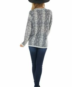 Hailey & Co Stone Grey Long Sleeve Snake Print Top With Raw Seam Details