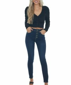 LE LIS Black Long Sleeve Ribbed Knit Ruched Crop Top