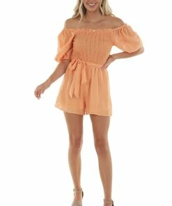 Flying Tomato Melon Textured Romper With Short Puff Sleeves