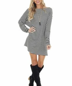 Peach Love Black And White Striped Boat Neckline Short Knit Dress Dresses