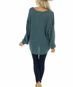 Umgee Tops Dark Teal Oversized Waffle Knit Top With Bubble Sleeves
