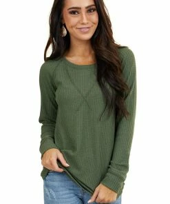 7th Ray Olive Green Waffle Knit Long Sleeve Top With V Stitch Tops