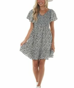 Jodifl Dresses Black Ditsy Floral Smocked Short Sleeve Dress