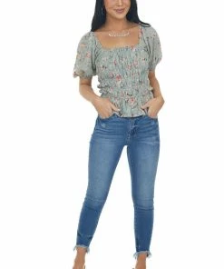 Entro Tops Sage Floral Print Short Sleeve Blouse With Smocked Details 31 Entro Tops Sage Floral Print Short Sleeve Blouse With Smocked Details