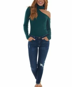 Lush Clothing Forest Green Mock Neck Cold Shoulder Top