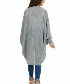 FSL APPAREL Stone Grey Waffle Knit 3-4 Sleeve Cardigan With Cocoon Hem Outerwear