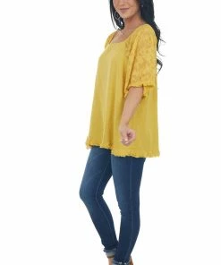 Umgee Mustard Floral Textured Mesh Sleeve Blouse Tops 30 Umgee Mustard Floral Textured Mesh Sleeve Blouse Tops