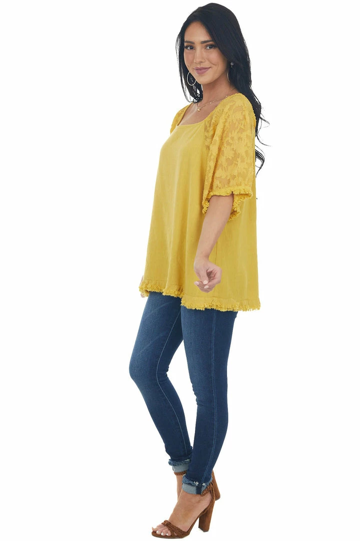 Umgee Mustard Floral Textured Mesh Sleeve Blouse Tops 15 Umgee Mustard Floral Textured Mesh Sleeve Blouse Tops