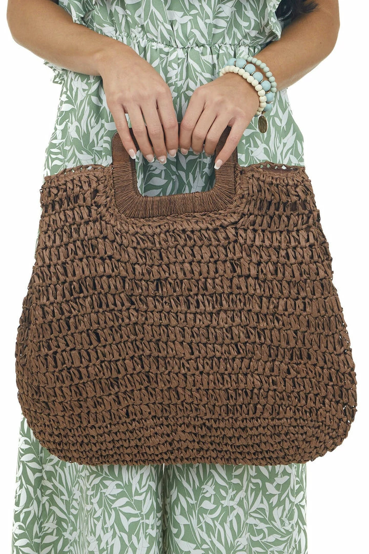 Fame Accessories Chocolate Raffia Straw Tote Bag With Wood Handle 5 Fame Accessories Chocolate Raffia Straw Tote Bag With Wood Handle
