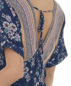 Davi & Dani Tops Rich Navy Multiprint Babydoll V Neck Woven Top 33 Davi & Dani Tops Rich Navy Multiprint Babydoll V Neck Woven Top