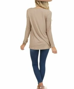 BiBi Taupe Soft Ribbed Long Sleeve Top With Neckline Cutout Tops