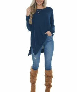 ZENANA Navy Blue Tunic Length Brushed Waffle Knit Top Tops