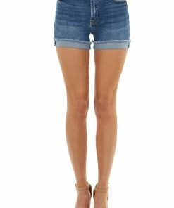 KanCan Medium Wash High Waisted Denim Shorts With Distressed Detail Bottoms