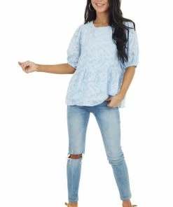 Staccato Tops Powder Blue Floral Lace Peplum Top With Short Puff Sleeves 33 Staccato Tops Powder Blue Floral Lace Peplum Top With Short Puff Sleeves