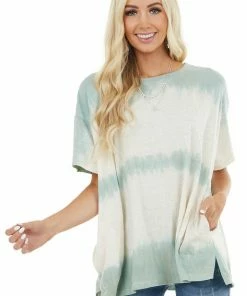 Easel Cream And Sage Washed Oversized Top With Side Pockets