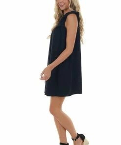 L Love Black Babydoll Pintuck Yoke Mini Woven Dress