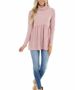 Haptics Dusty Blush Babydoll Ribbed Turtleneck Top With Long Sleeves