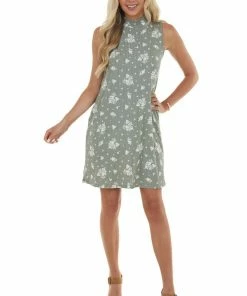 Vanilla Bay Dresses Sage Floral Print Mock Neck Ribbed Dress