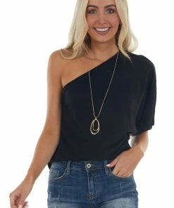 BiBi Tops Black Elastic One Shoulder Jersey Knit Top