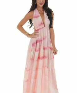 Honey Peach Dresses Cherry Blossom Tie Dye Halter Neck Maxi Dress