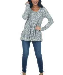 143 Story Sea Blue Floral Tiered Super Soft Knit Top