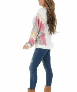 White Birch Off White Waffle Knit Top With Contrast Print Dolman Sleeves Tops