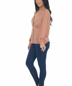 NAKED ZEBRA Tops Dusty Apricot V Neck Drop Waist Satin Blouse