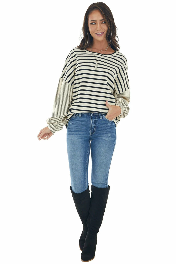 Hayden Tops Beige And Black Striped Bubble Sleeve Knit Top 6 Hayden Tops Beige And Black Striped Bubble Sleeve Knit Top
