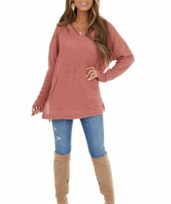 First Love Dusty Rose Stretchy Waffle Knit Hooded Long Sleeve Top