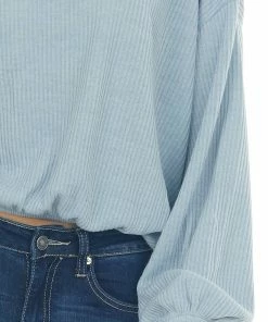 Wishlist Powder Blue Long Bubble Sleeve Stretchy Ribbed Knit Top