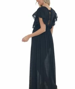 Peach Love Black Button Front Plunging V Neck Maxi Dress