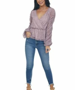 Peach Love Tops Mauve Floral Print Ruched Sleeve Peplum Blouse