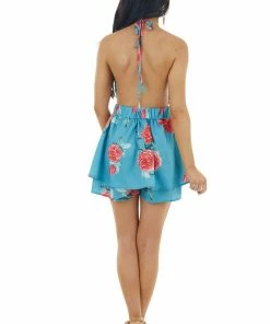 LE FEMME FASHION Dresses Ocean Floral Print Woven Sleeveless Romper With Skirt Overlay