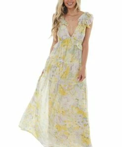 Aakaa Dresses Pastel Yellow Floral Open Back Maxi Dress