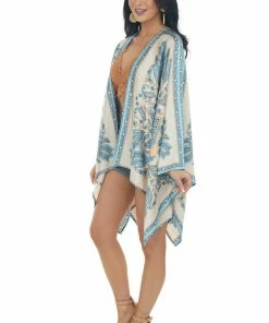 Entro Steel Blue Paisley Print Handkerchief Hem Kimono