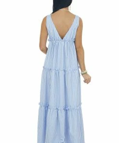 Vine & Love Cornflower And Ivory Striped Print Maxi Dress