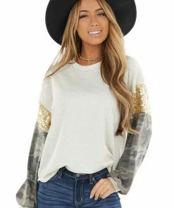 12PM Oatmeal Knit Top With Camo Print And Gold Sequin Long Sleeve 26 12PM Oatmeal Knit Top With Camo Print And Gold Sequin Long Sleeve