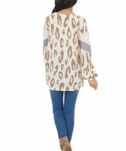 Blue Buttercup Ivory Leopard Print Puff Sleeve Top With Chevron Colorblock Tops
