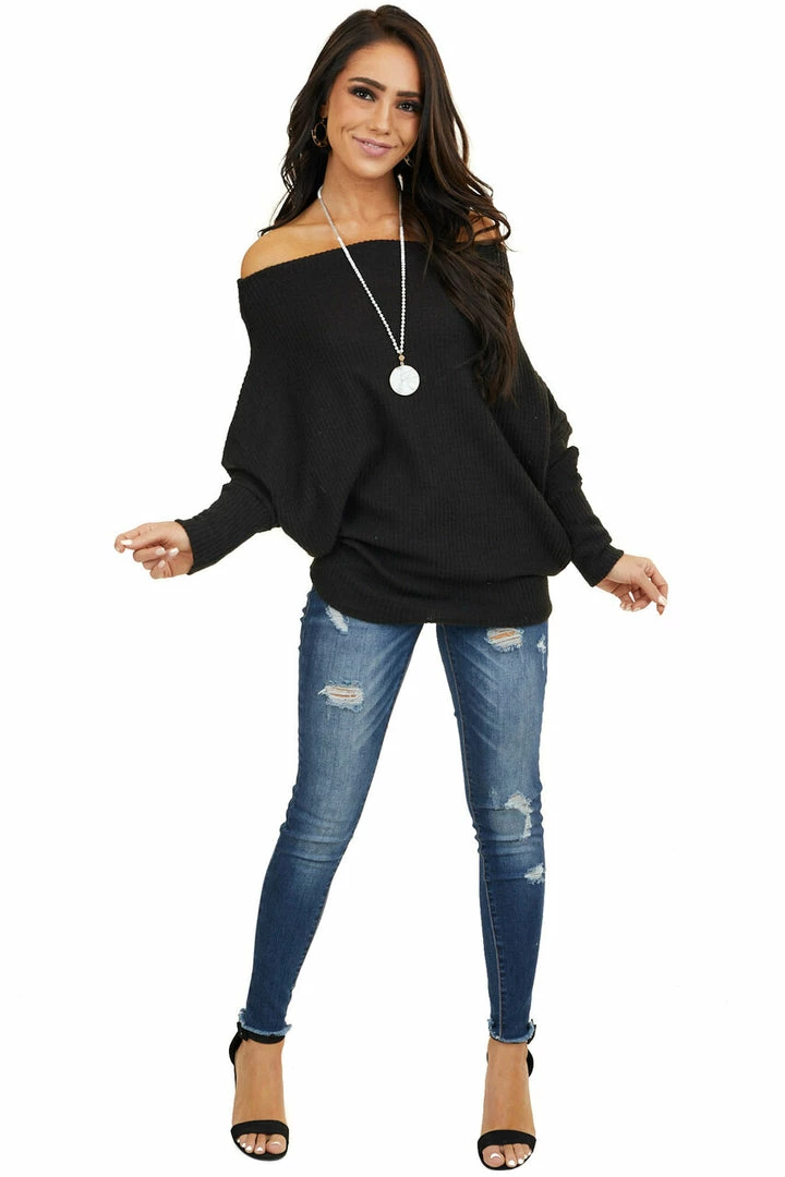 American Chic Black Soft Waffle Knit Off The Shoulder Long Sleeve Top 12 American Chic Black Soft Waffle Knit Off The Shoulder Long Sleeve Top