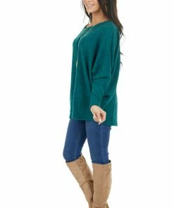 First Love Forest Green Long Dolman Sleeve Top With Raw Edge Detail Tops