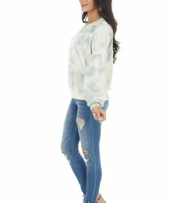 Lush Clothing Sage And Cream Tie Dye Top With Long Drop Shoulder Sleeves Tops