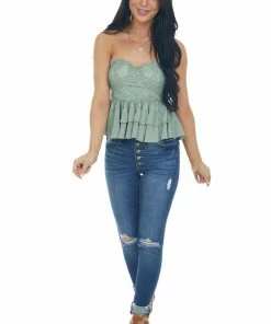 Entro Sage Tiered Ruffle Strapless Lace Woven Top 24 Entro Sage Tiered Ruffle Strapless Lace Woven Top