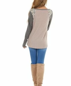 12PM Mauve Multiprint Waffle Knit Top With Leopard Long Sleeves